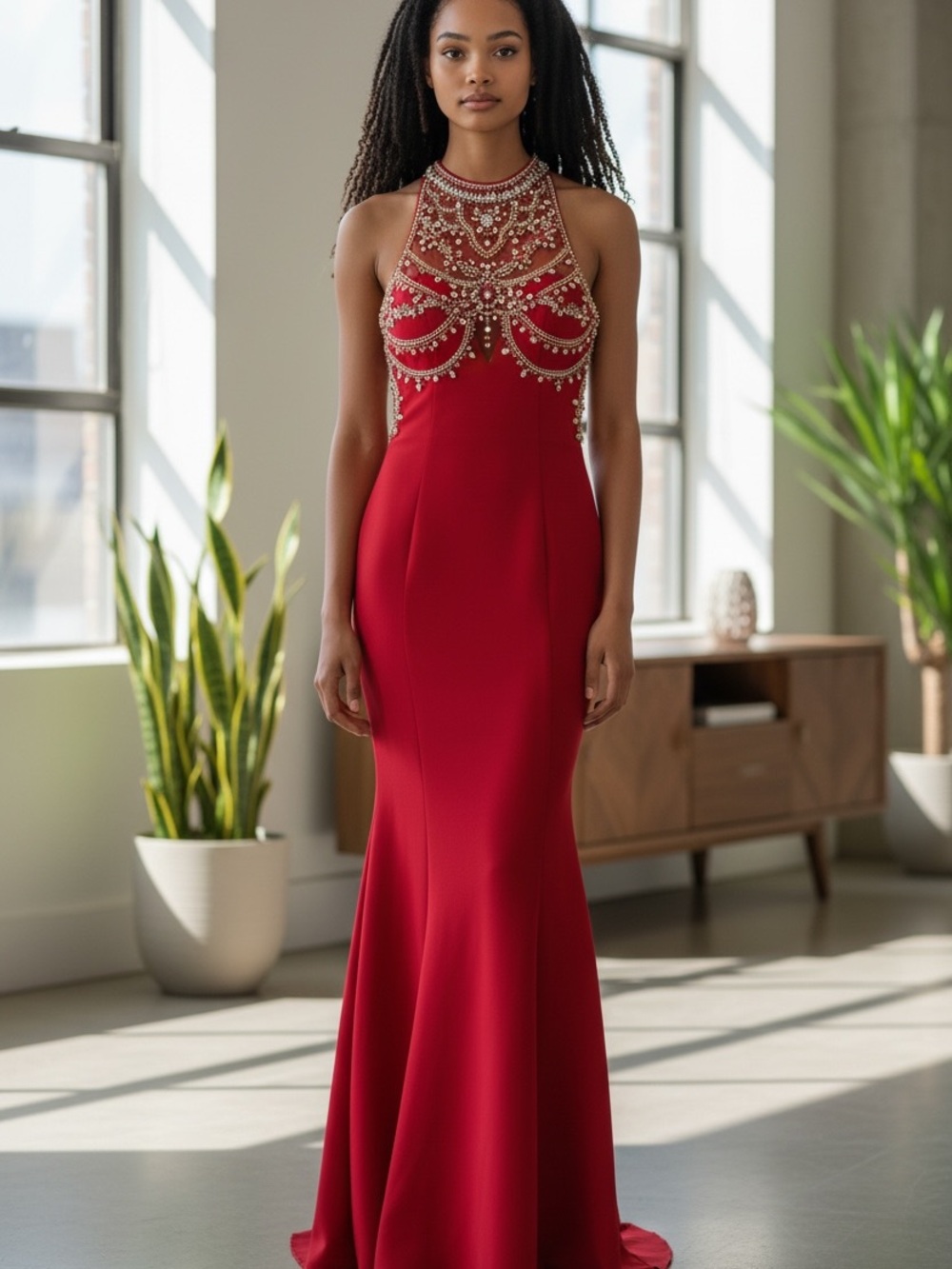 Tony Bowls Red Jeweled Halter Prom or Pageant Trumpet Gown. Size 8